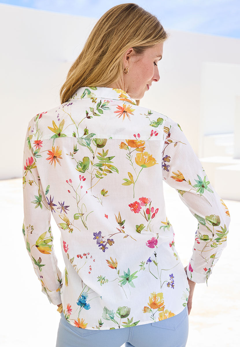 Georgia Long Sleeve Button Through Cotton Shirt - Emilia Print White Floral Shell Button Through Collared Shirt Front Alt View