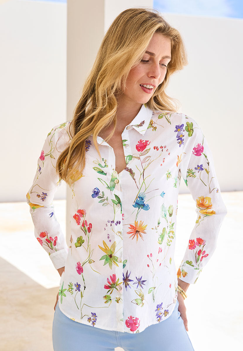 Georgia Long Sleeve Button Through Cotton Shirt - Emilia Print White Floral Shell Button Through Collared Shirt Side View