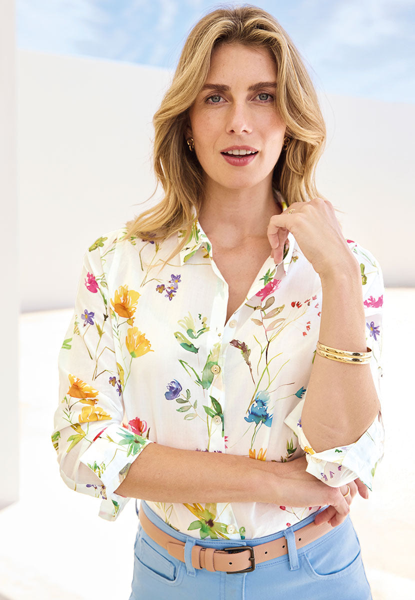 Georgia Long Sleeve Button Through Cotton Shirt - Emilia Print White Floral Shell Button Through Collared Shirt