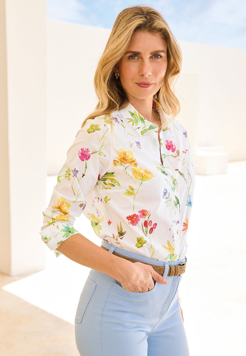 Georgia Long Sleeve Button Through Cotton Shirt - Emilia Print White Floral Shell Button Through Collared Shirt Back View