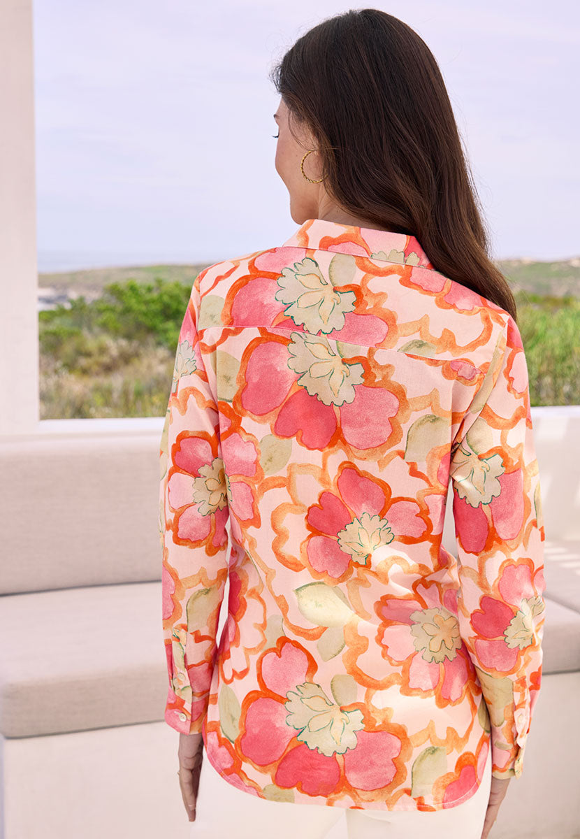 Georgia Long Sleeve Button Through Cotton Shirt - Erice Print Pink and Orange Floral Print with Classic Collared Design Back View