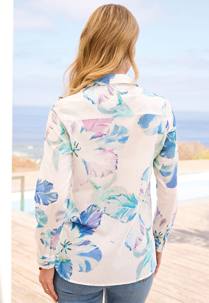Georgia Long Sleeve Button Through Cotton Shirt - Nicosia Print Floral Print High Quality Cotton For A Flattering Fit Styled with Neat Collar and Shell Buttons Back View