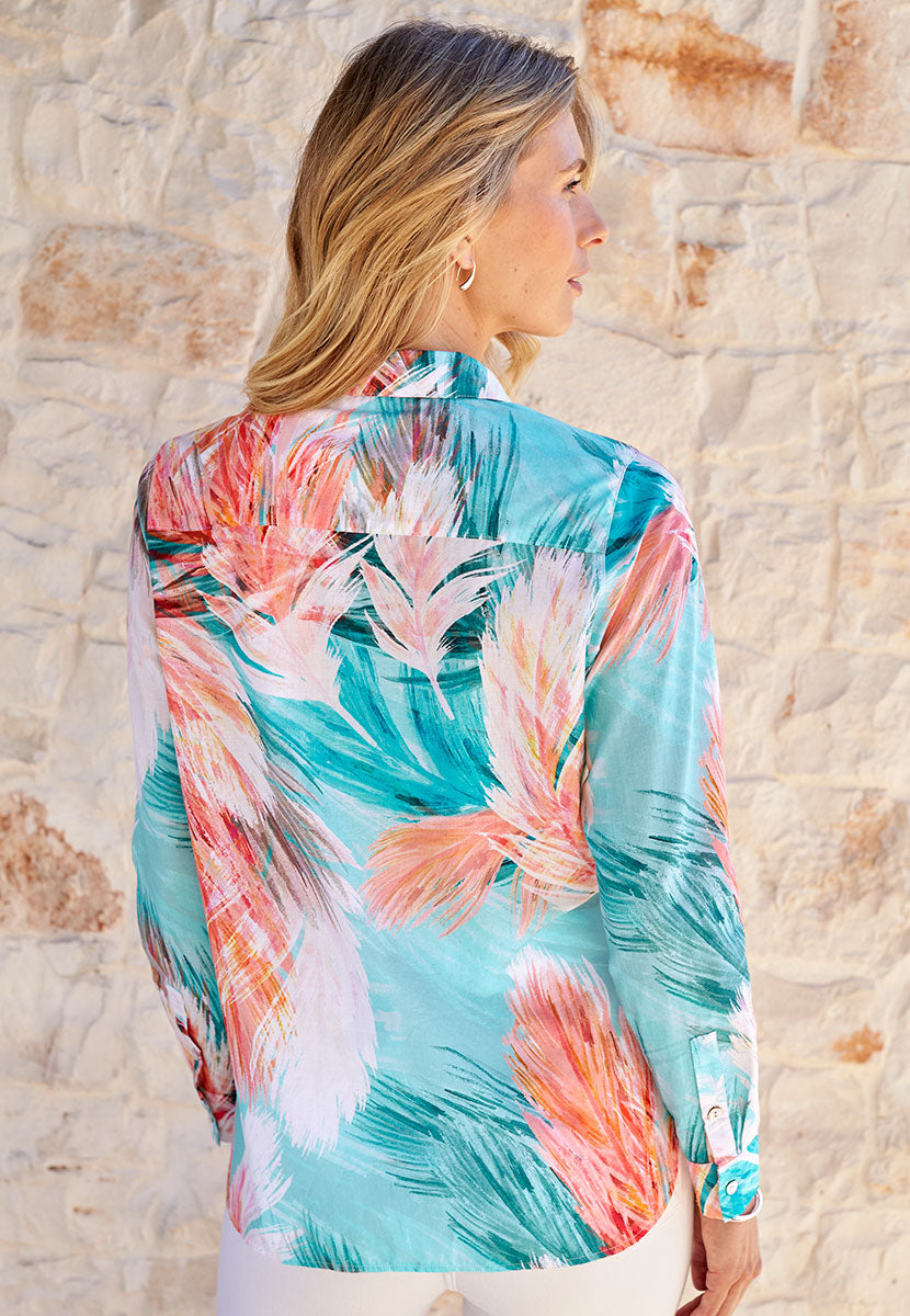 Georgia Long Sleeve Button Through Cotton Shirt - Sofia Print Orange Leaf Multi Collared Style Shell Buttons in a Tailored Fit Back View