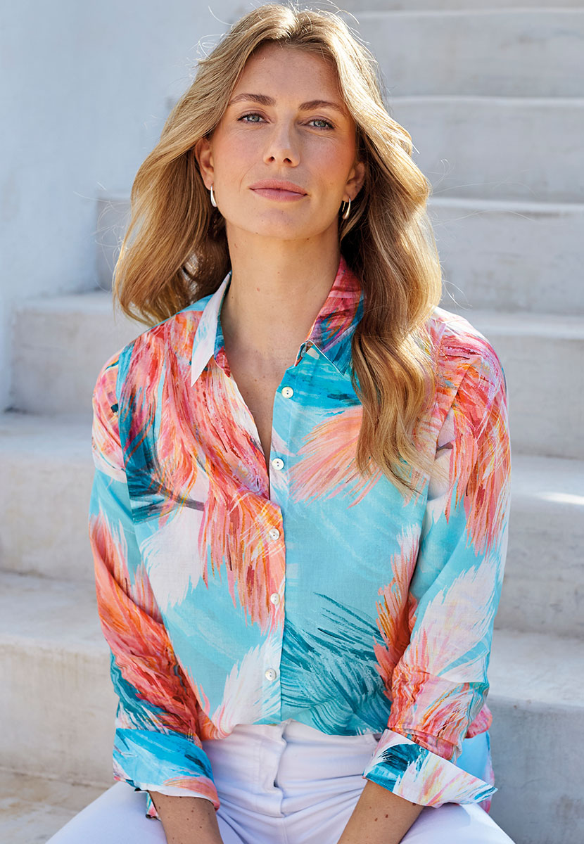Georgia Long Sleeve Button Through Cotton Shirt - Sofia Print Orange Leaf Multi Collared Style Shell Buttons in a Tailored Fit Alt Front