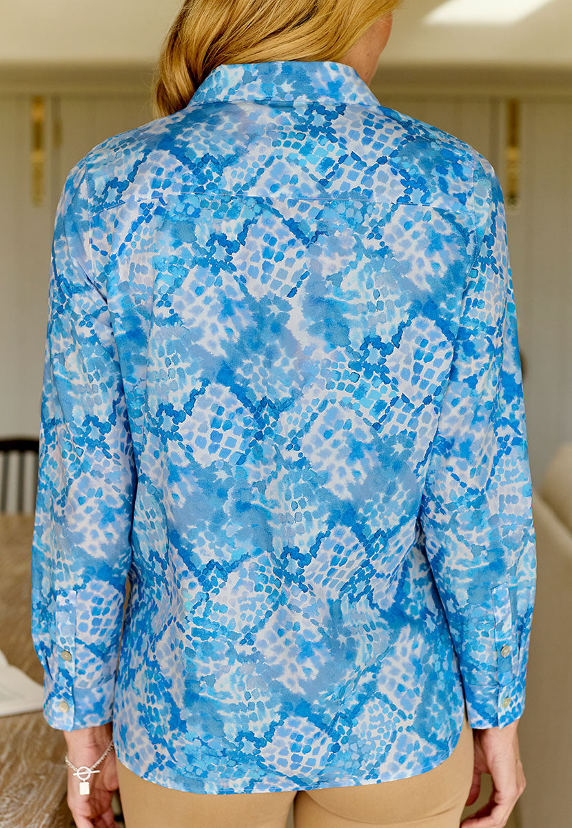 Georgia Long Sleeve Button Through Cotton Shirt - Veneta Print Blue and White Print High Quality Cotton For Flattering Fit Styled with Neat Collar and Shell Buttons Back View