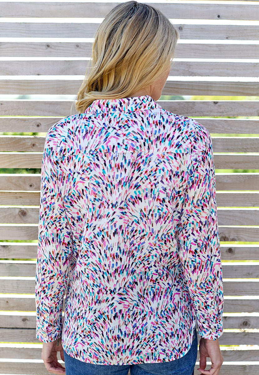 Georgia Long Sleeve Button Through Cotton Shirt - Vernazza Print Pink Blue Purple Print High Quality Cotton For Flattering Fit Styled with Neat Collar and Shell Buttons Back View