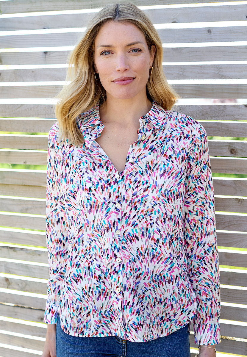 Georgia Long Sleeve Button Through Cotton Shirt - Vernazza Print Pink Blue Purple Print High Quality Cotton For Flattering Fit Styled with Neat Collar and Shell Buttons Front Alt View