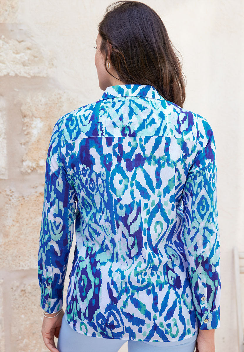 Georgia Long Sleeve Button Through Cotton Shirt - Verona Print Blue White Collared Style Shell Buttons in a Tailored Fit BAck View