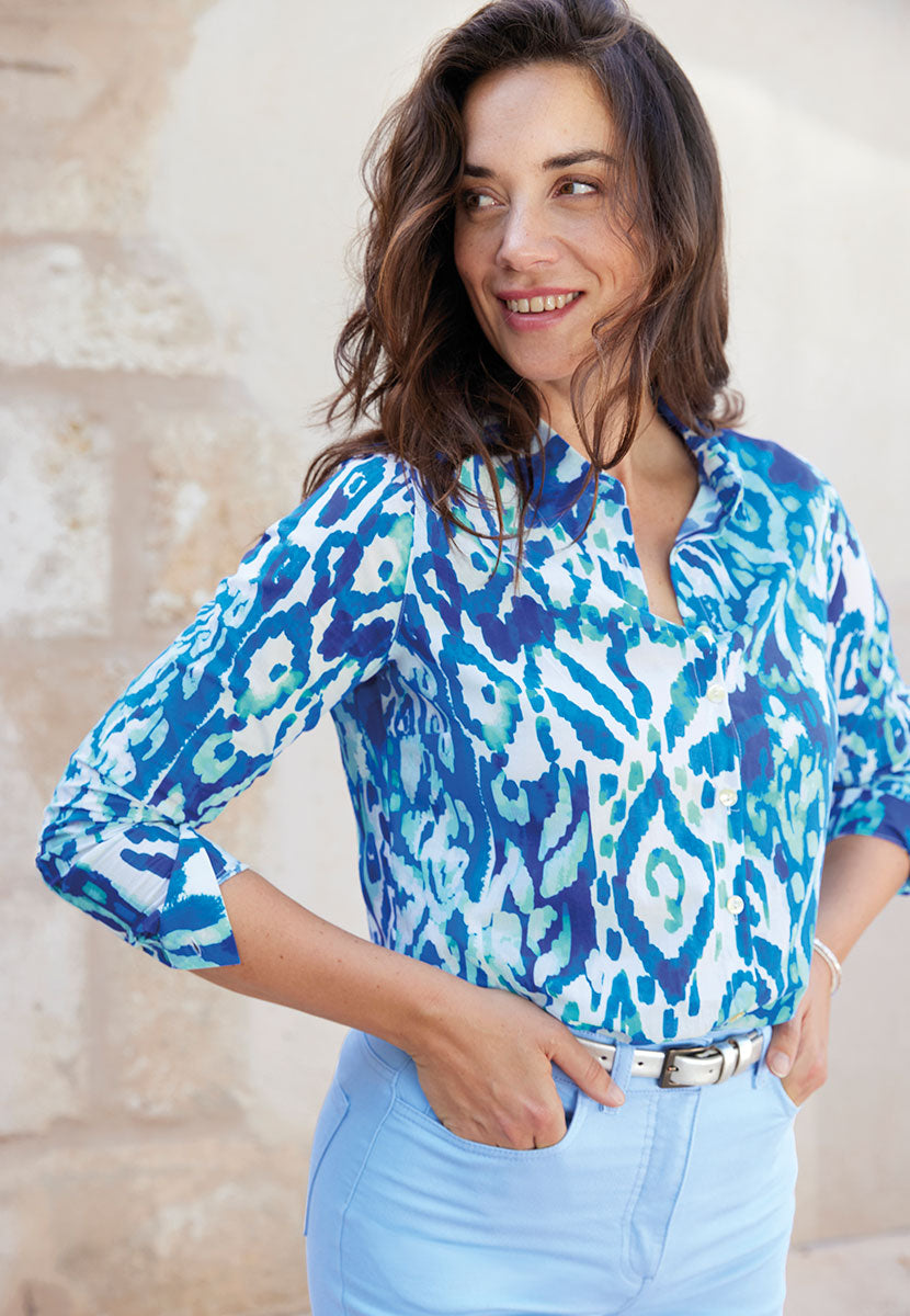 Georgia Long Sleeve Button Through Cotton Shirt - Verona Print Blue White Collared Style Shell Buttons in a Tailored Fit