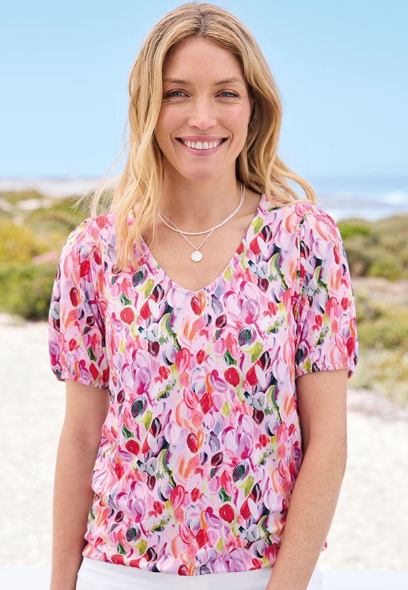 Elia Short Sleeve Silky Top - Capri Print