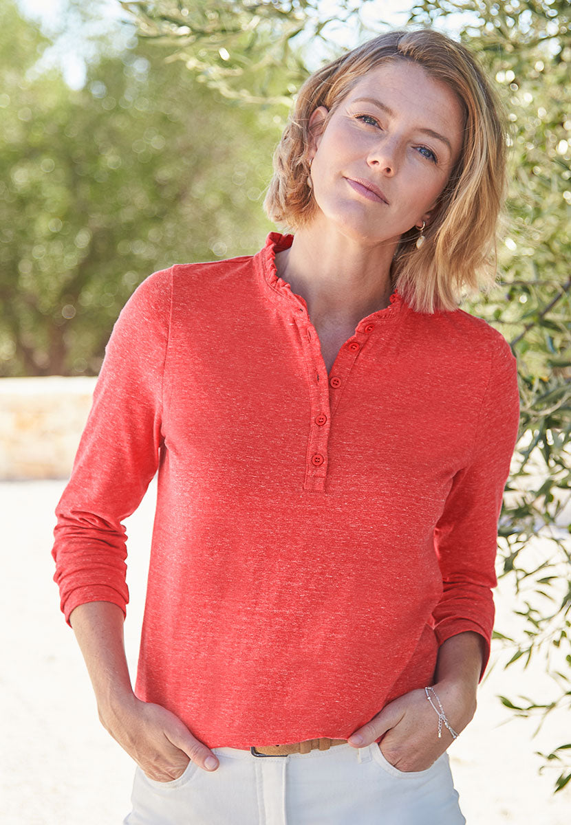 Evie Long Sleeve Henley Top - Red Marl