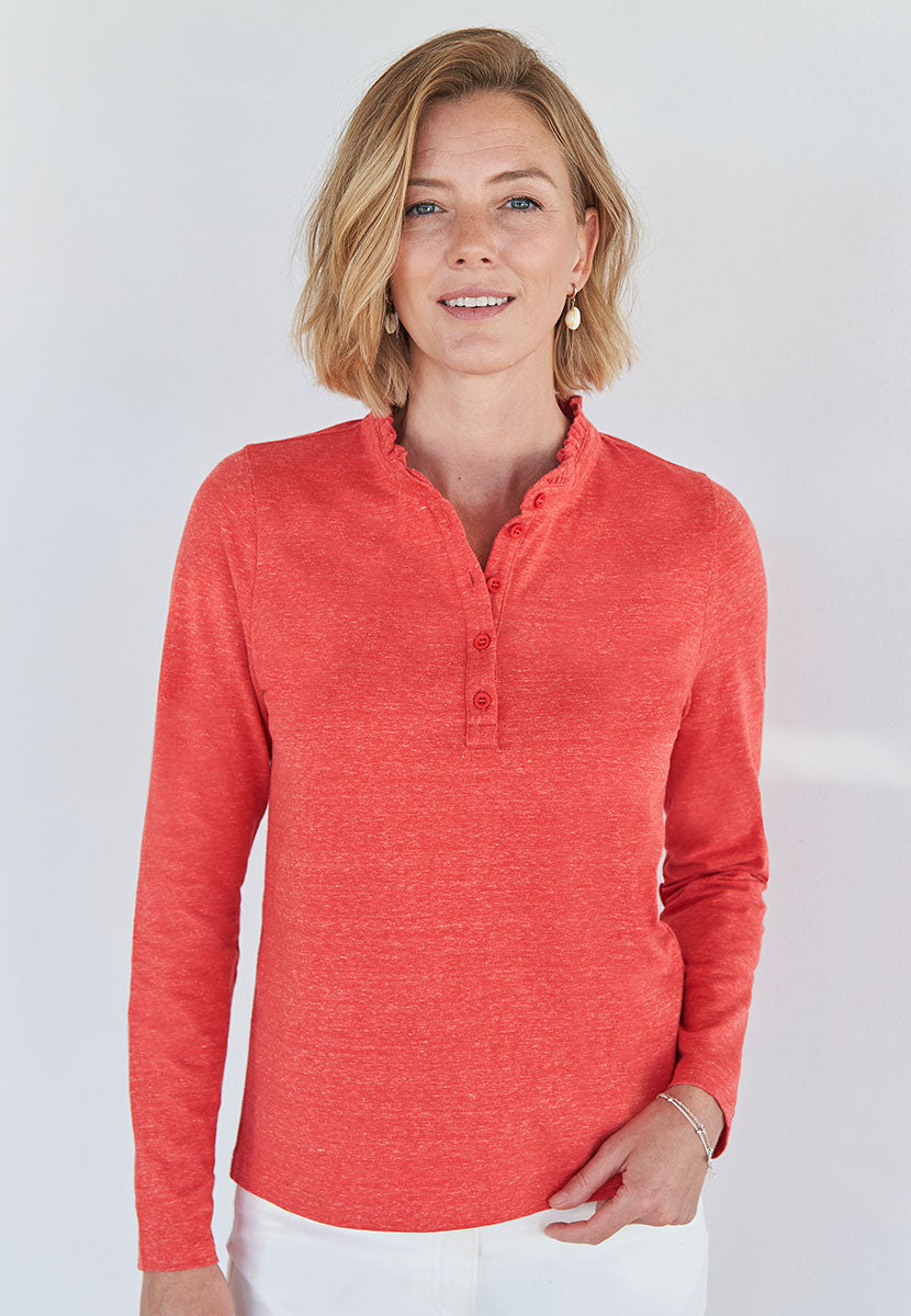 Evie Long Sleeve Henley Top - Red Marl