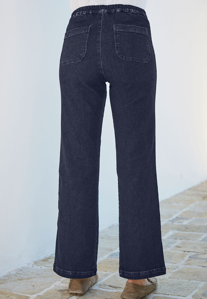 Rita Jersey Denim Wide Leg Jeans - Dark Denim