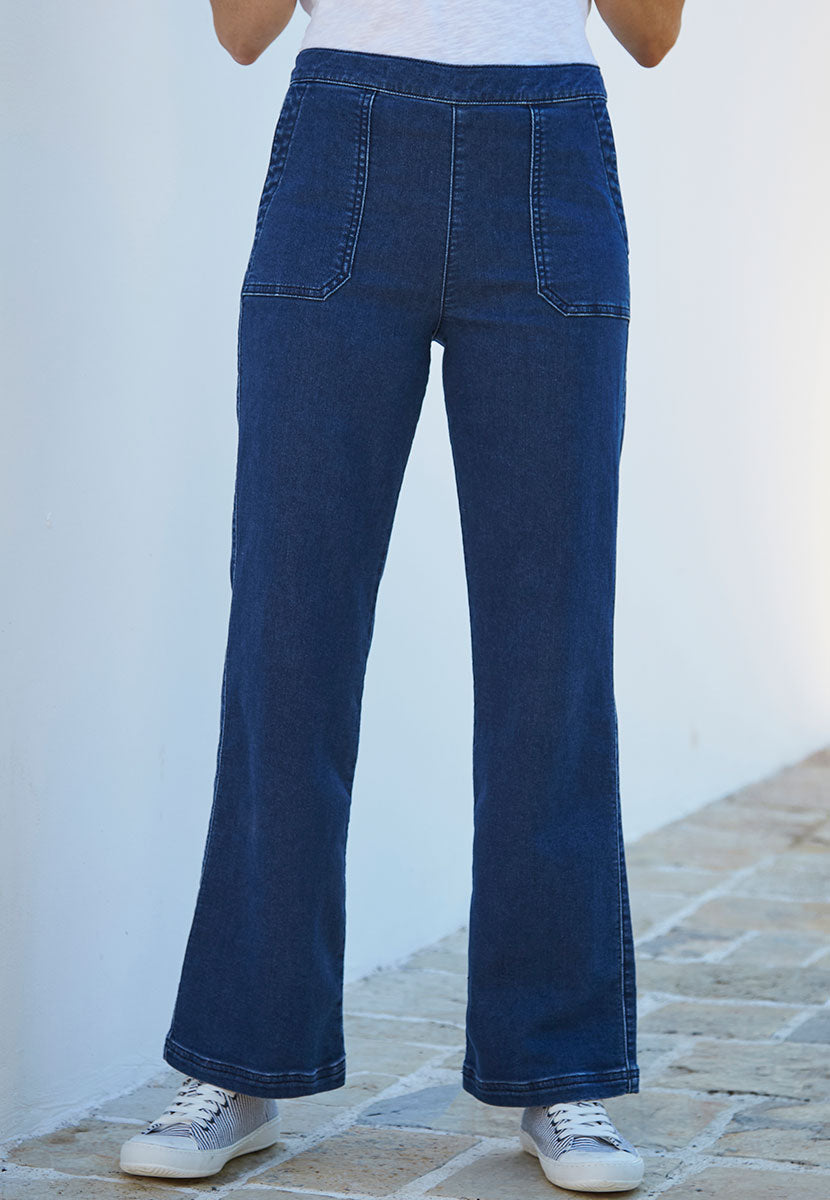 Rita Jersey Denim Wide Leg Jeans - Mid Denim