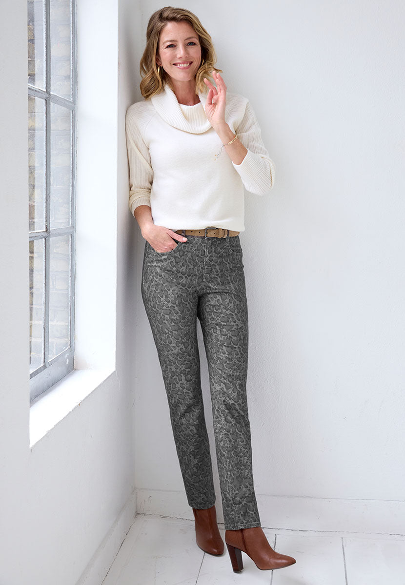 BRAX Winter Dream Mary Fit Trouser - Grey Leopard Print Front View