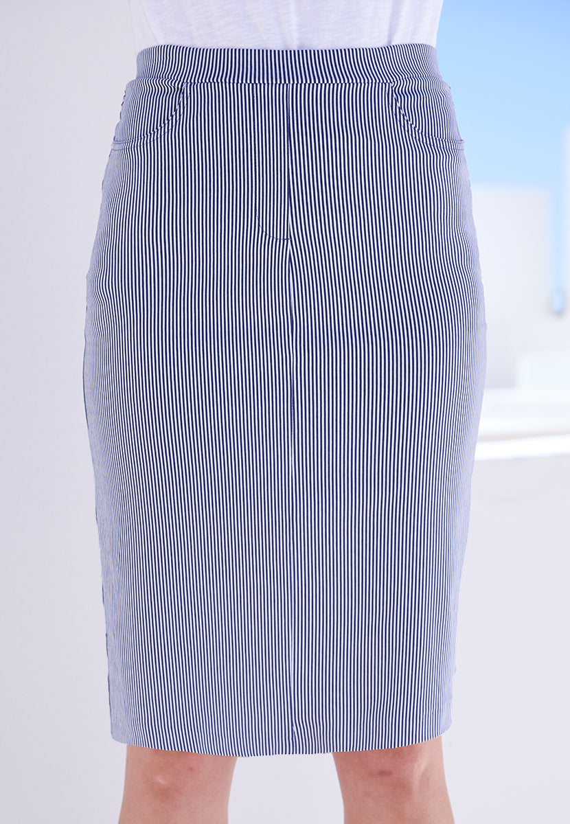 Abbie Pull on Midi Pencil Skirt - Navy Stripe