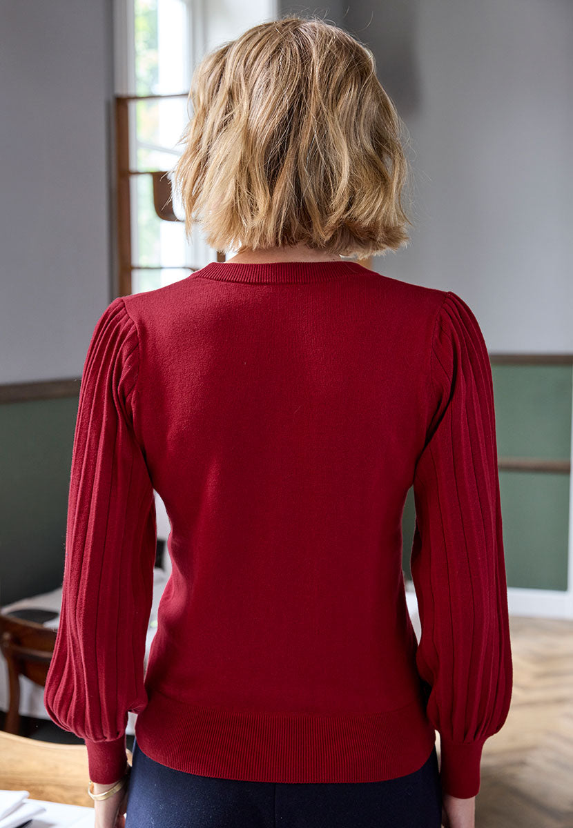 Abigail Balloon Sleeve Round Neck Jumper - Cherry Bright Red Cotton Blend Round Neck Dressy Knit with Deep Trims and Pleated Sleeves Back View