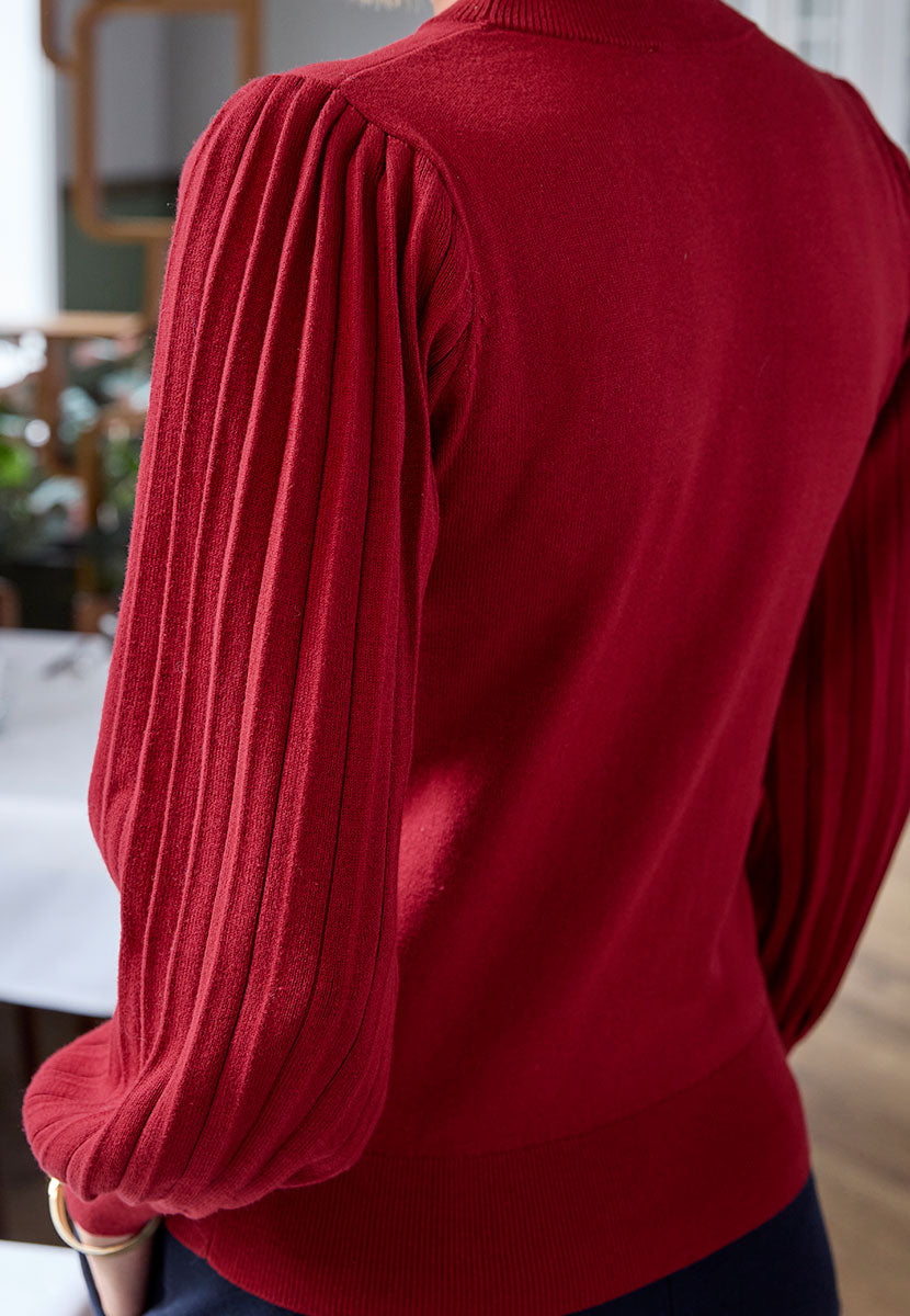 Abigail Balloon Sleeve Round Neck Jumper - Cherry Bright Red Cotton Blend Round Neck Dressy Knit with Deep Trims and Pleated Sleeves Detail View