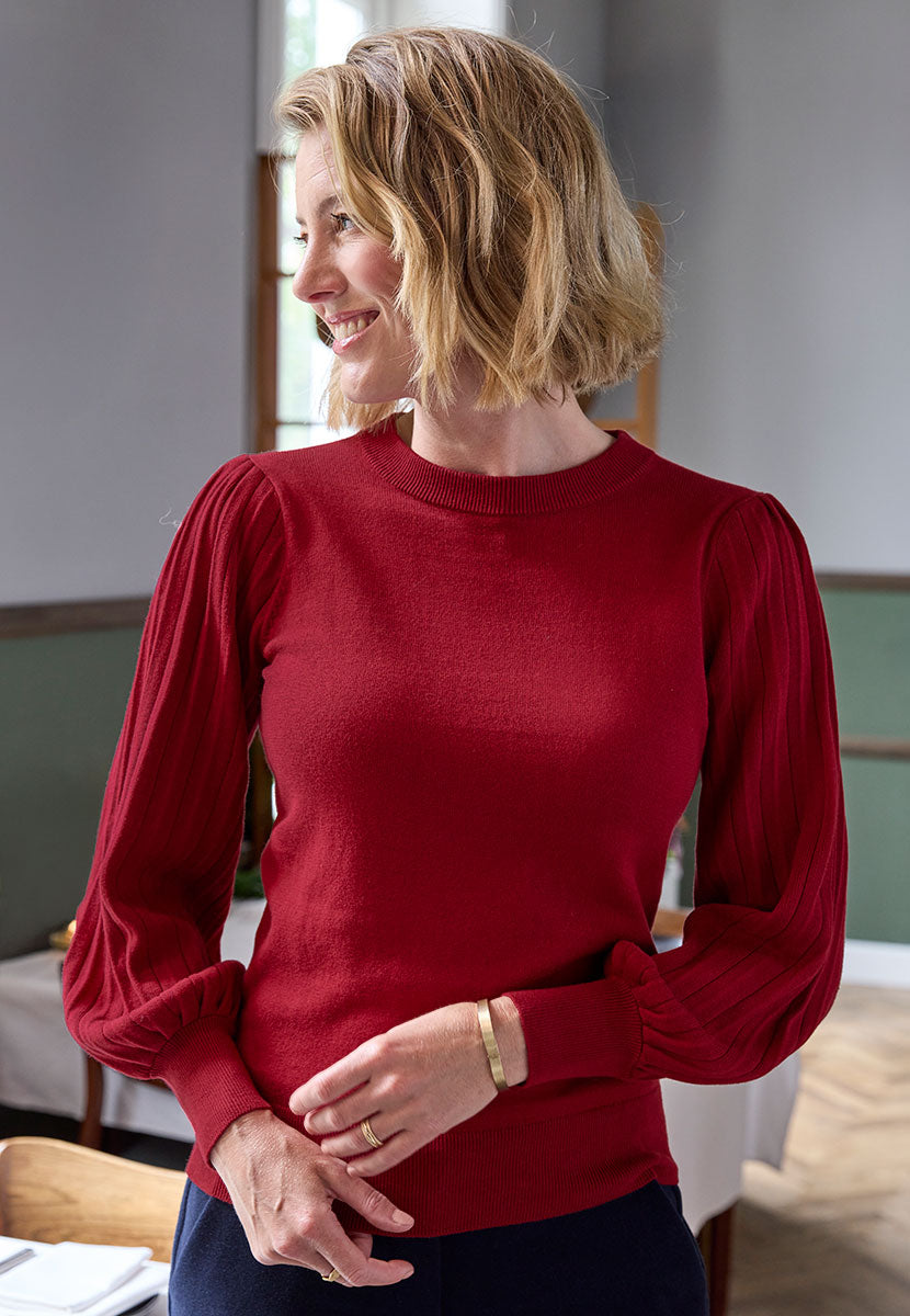 Abigail Balloon Sleeve Round Neck Jumper - Cherry Bright Red Cotton Blend Round Neck Dressy Knit with Deep Trims and Pleated Sleeves Front Alt View