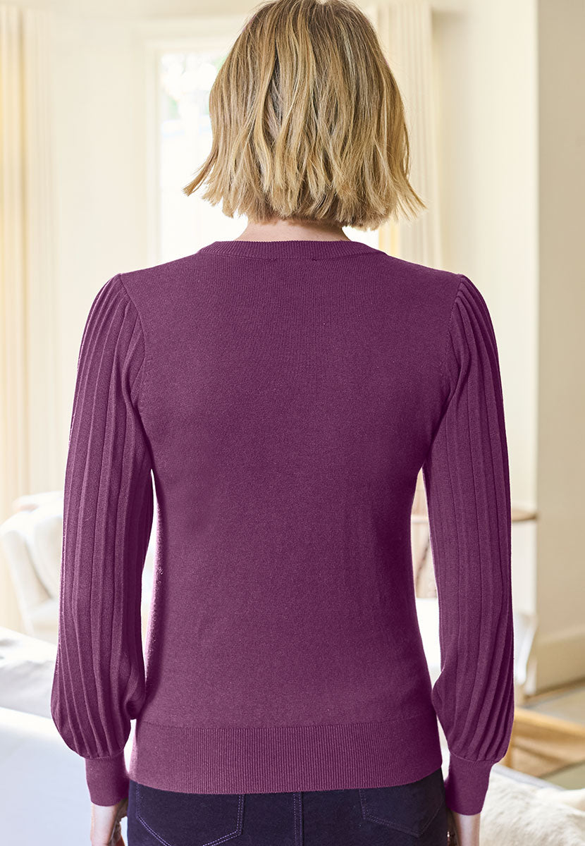 Abigail Balloon Sleeve Round Neck Jumper - Deep Purple Back View