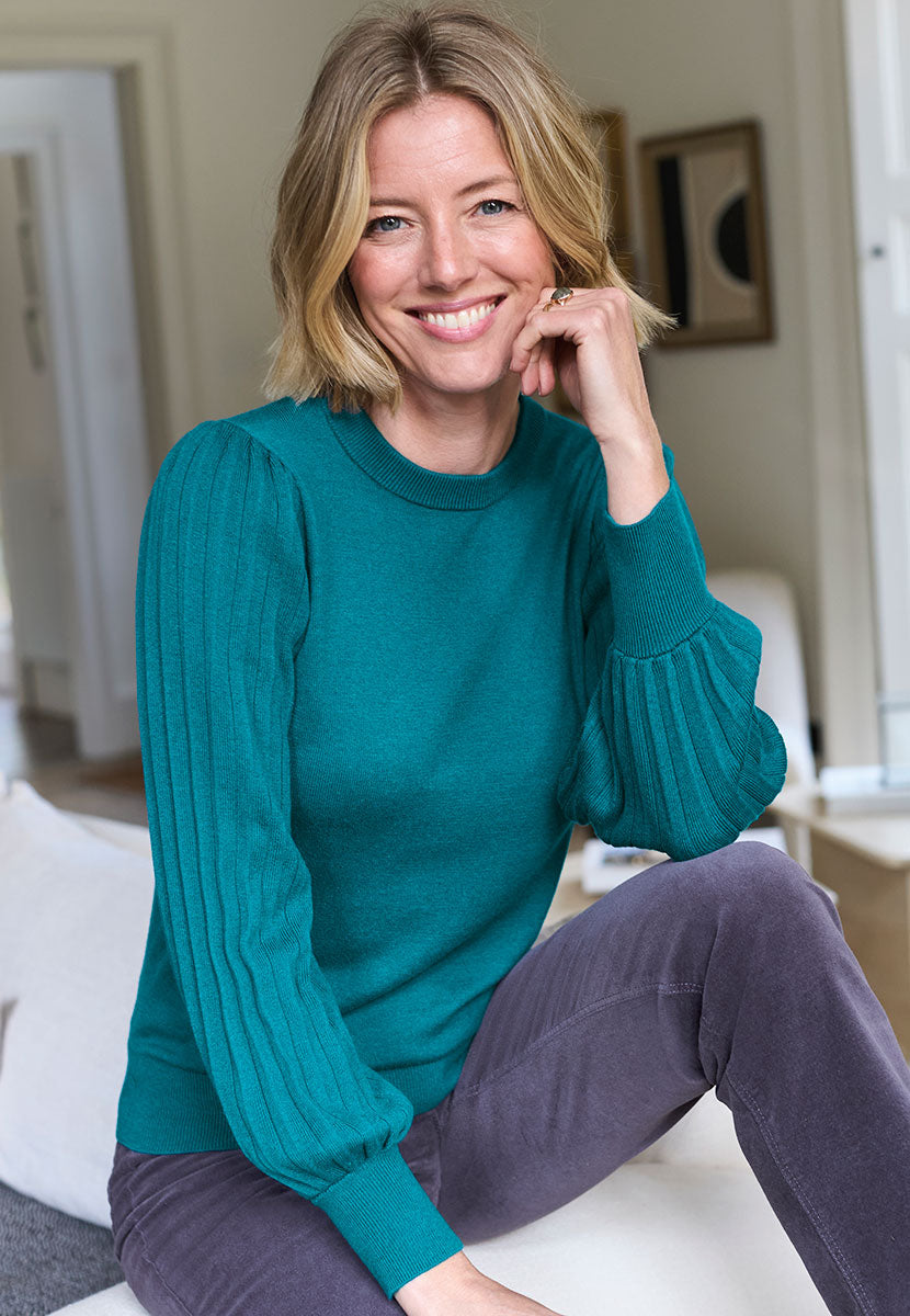Abigail Balloon Sleeve Round Neck Jumper - Dutch Blue Front View