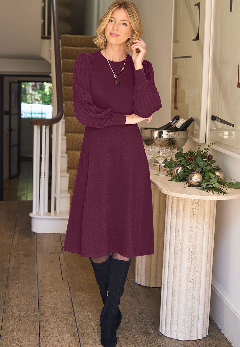Abigail Pleated Long Sleeve Dress - Fig Front View