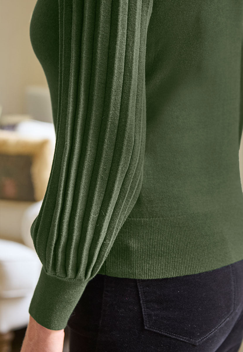 Abigail Balloon Sleeve Round Neck Jumper - Deep Khaki Detail View