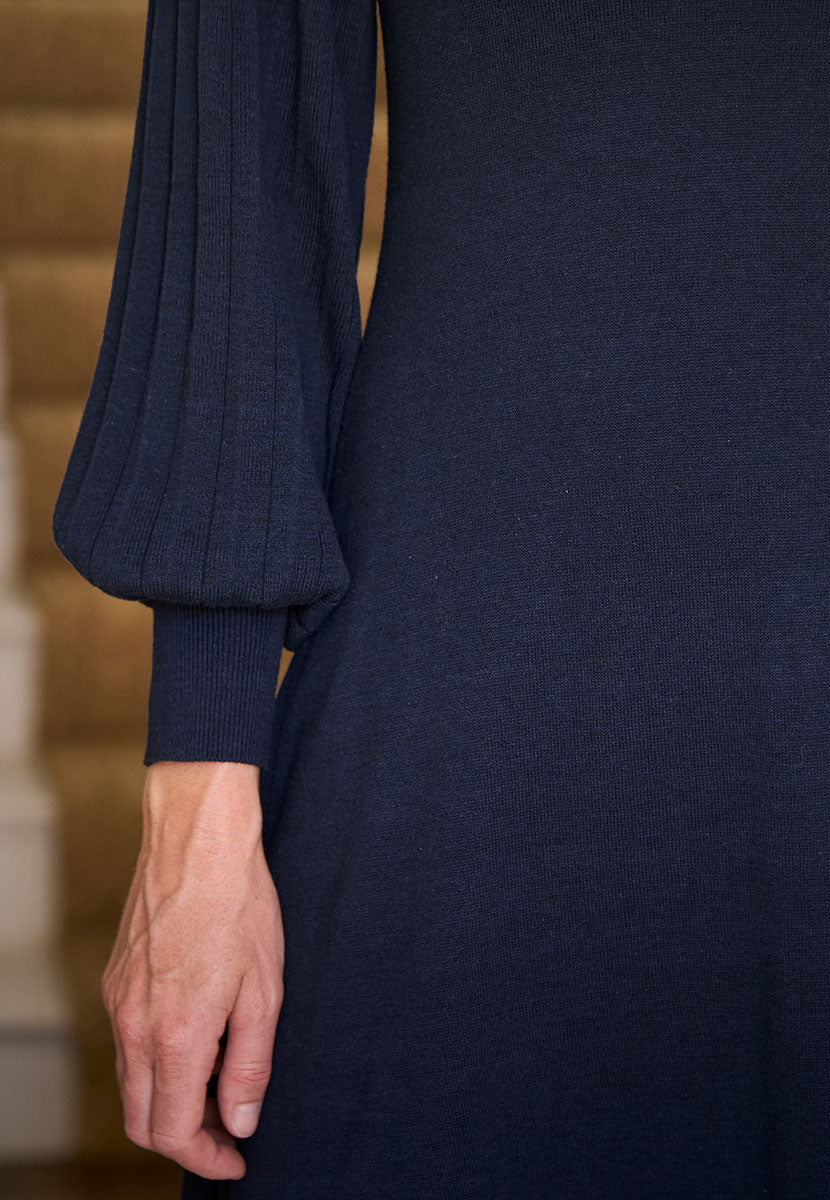 Abigail Pleated Long Sleeve Dress - Navy Detail View