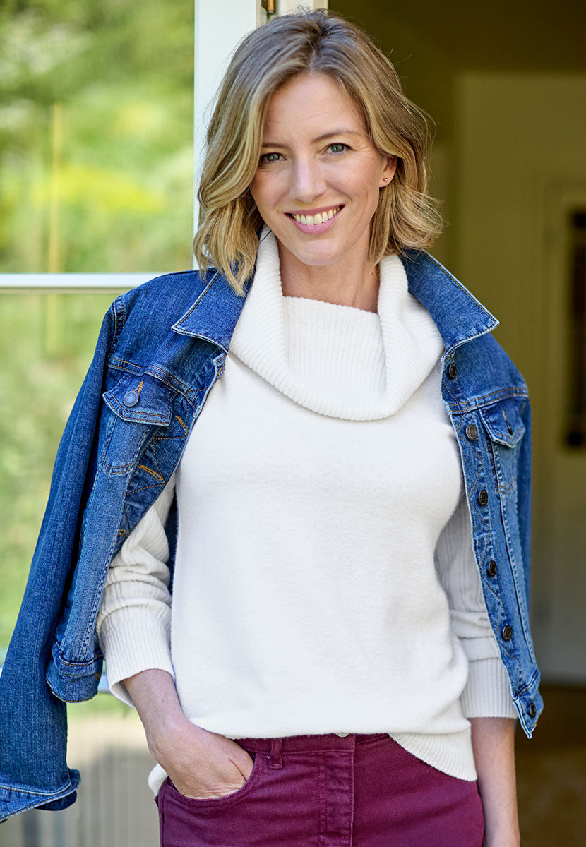Adelie Long Sleeve Merino Jumper - Winter White Soft White Merino Lambswool Jumper with Cowl Neck Lightweight Cosy Italian Yarn Front Alt View