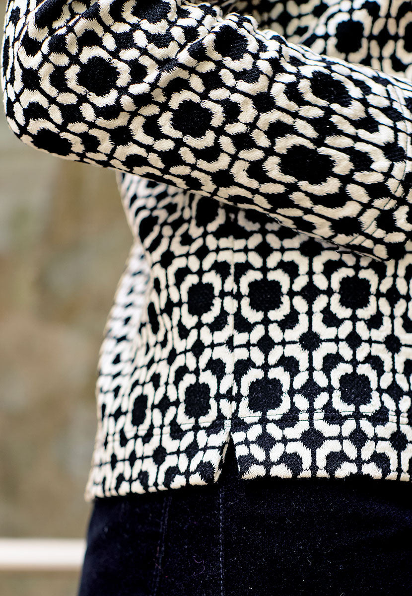 Adelina Jacquard Top - Black Black and White Print Slash Neck with Bracelet Length Sleeves and Side Slits Front Detail View