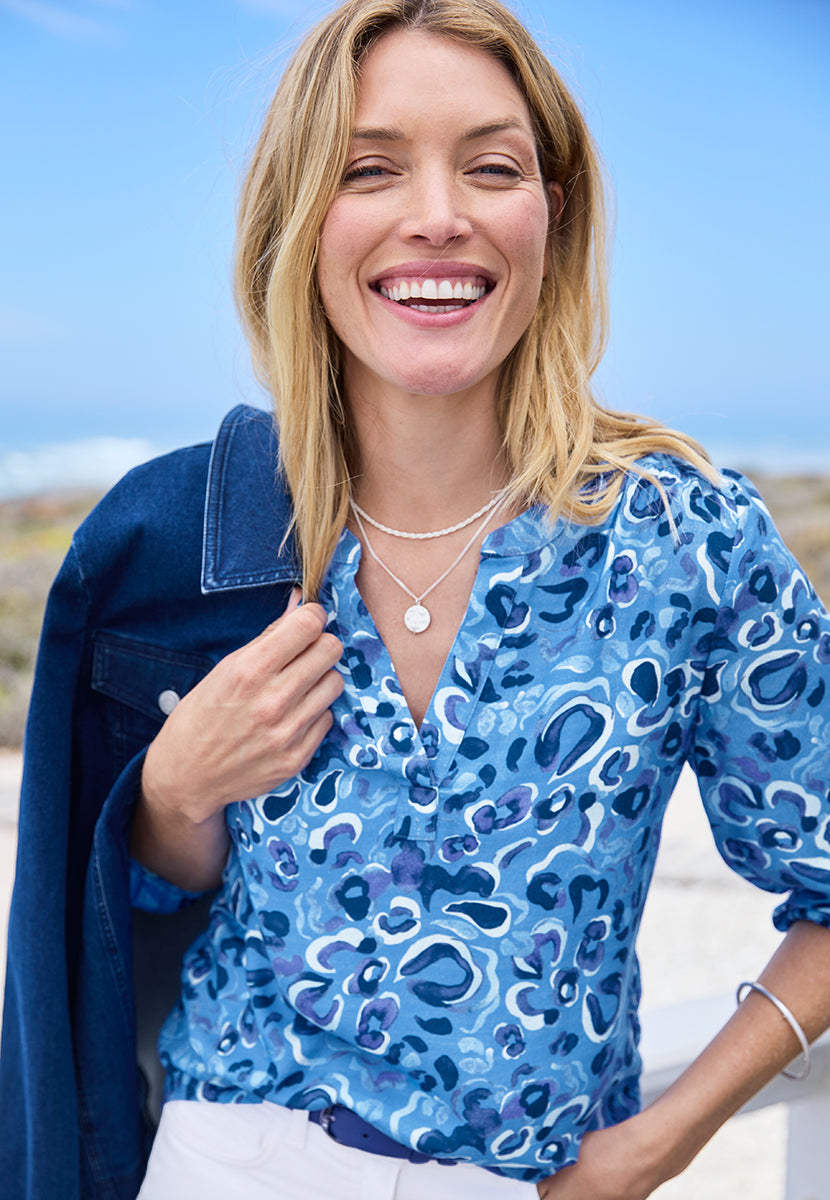 Adeline 3/4 Sleeve Notch Neck Blouse - Arachon Print