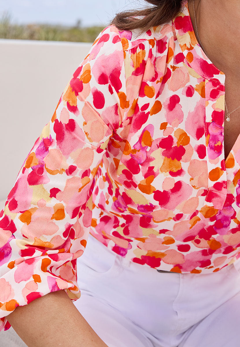 Adeline V-Neck Blouse - Pink Buzios Print Stylish V-neck with Drapey Sleeves