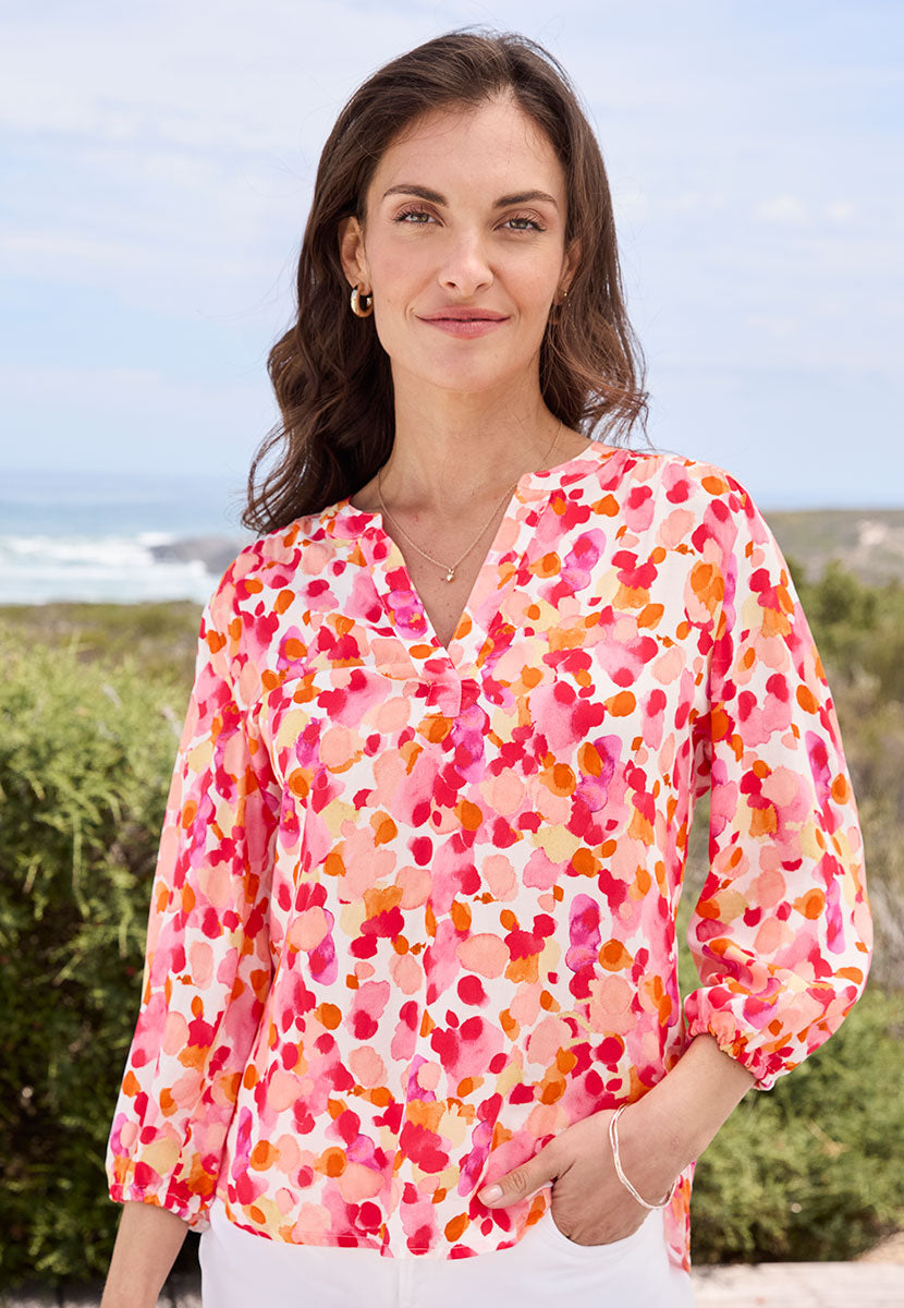 Adeline V-Neck Blouse - Pink Buzios Print Stylish V-neck with Drapey Sleeves