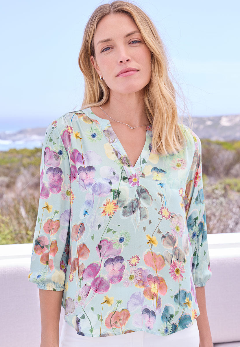 Adeline 3/4 Sleeve Notch Neck Blouse - Sao Vicente Print