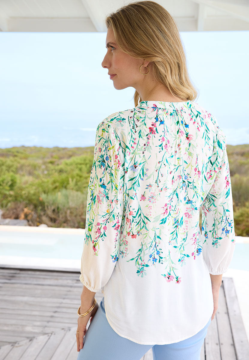 Adeline 3/4 Sleeve V Neck Blouse - Taormina Print Long Drapey Sleeves with Curved Hem and Gently Elasticated Cuffs Back View