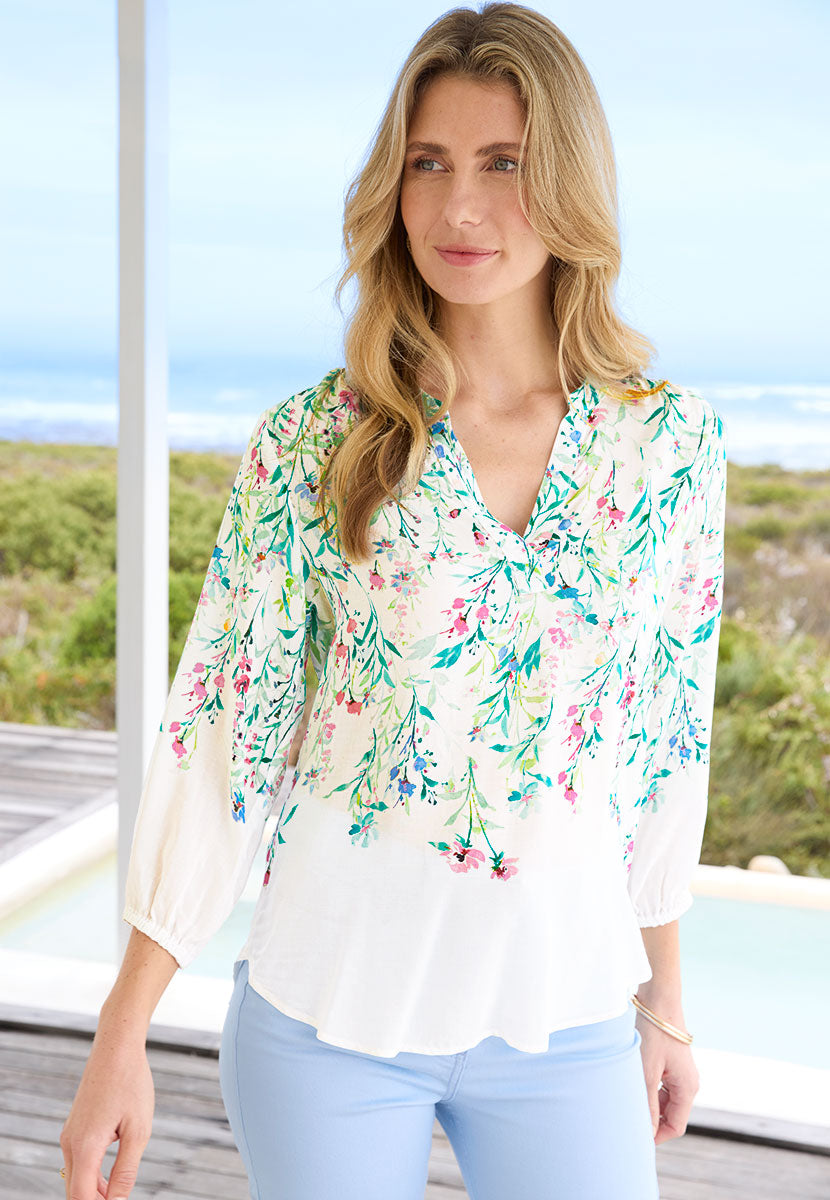 Adeline 3/4 Sleeve V Neck Blouse - Taormina Print Long Drapey Sleeves with Curved Hem and Gently Elasticated Cuffs