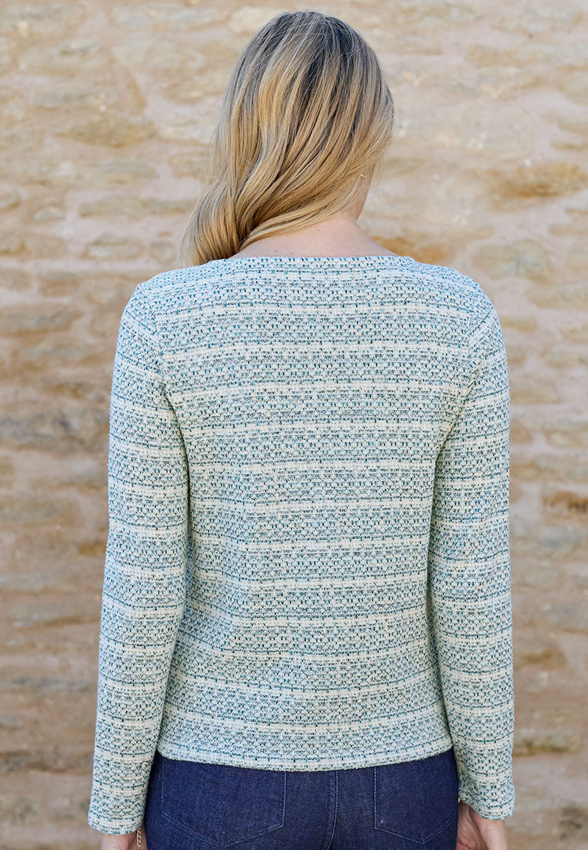 Adie Textured Long Sleeve Top - Teal Jersey Crew Neck Transitional Easy Wear Style Hint of Lurex Featuring Long Sleeves Back View