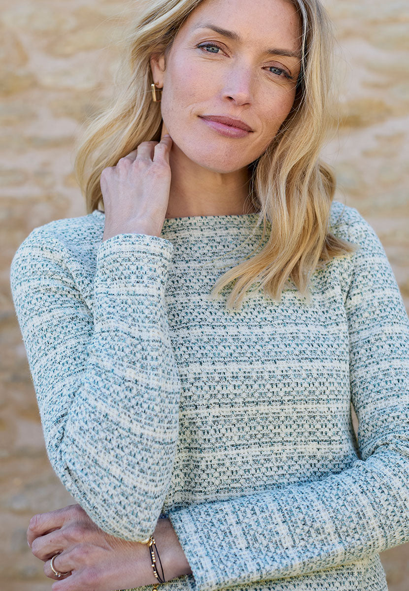 Adie Textured Long Sleeve Top - Teal Jersey Crew Neck Transitional Easy Wear Style Hint of Lurex Featuring Long Sleeves Detail View