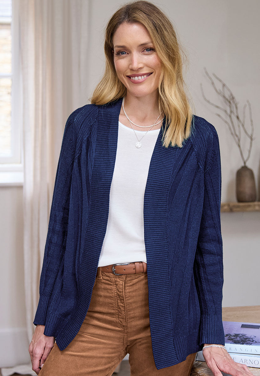Adina Long Sleeve Rib Knit Cardigan - French Navy Front View