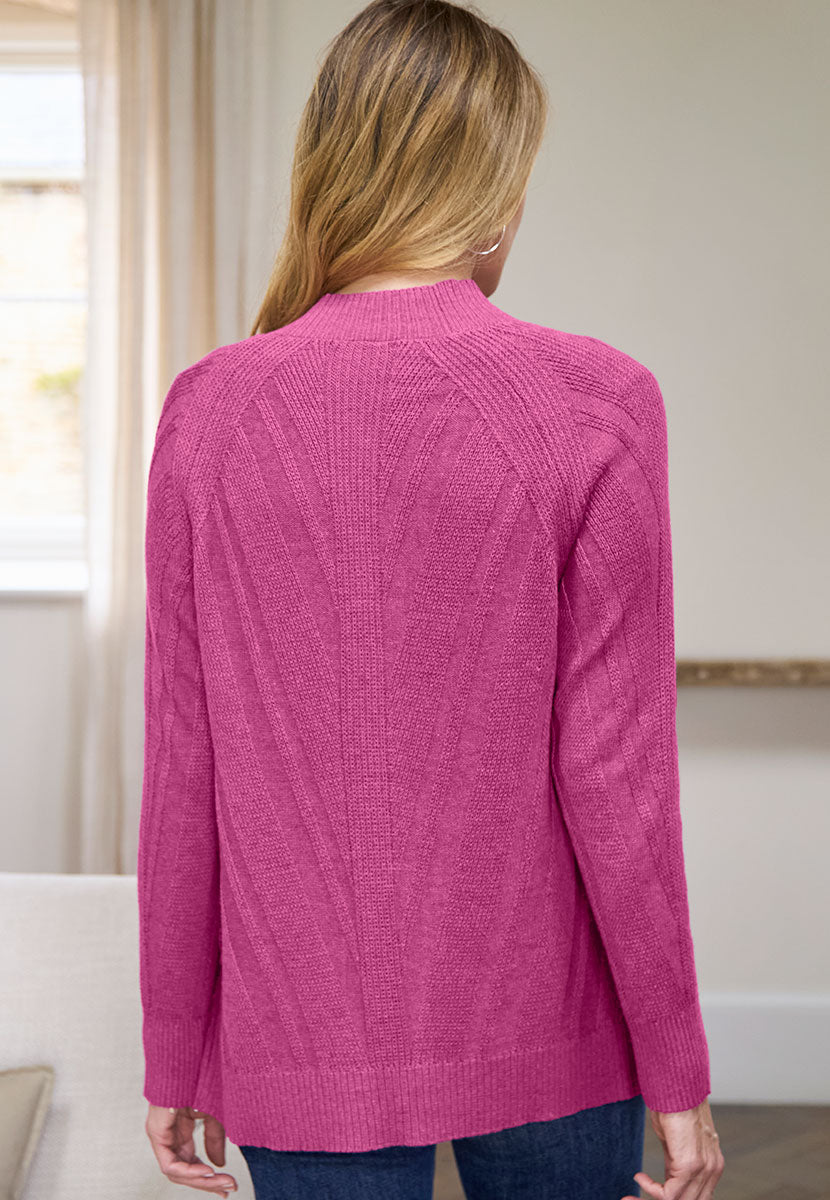Adina Long Sleeve Rib Knit Cardigan - Rich Cerise Back View