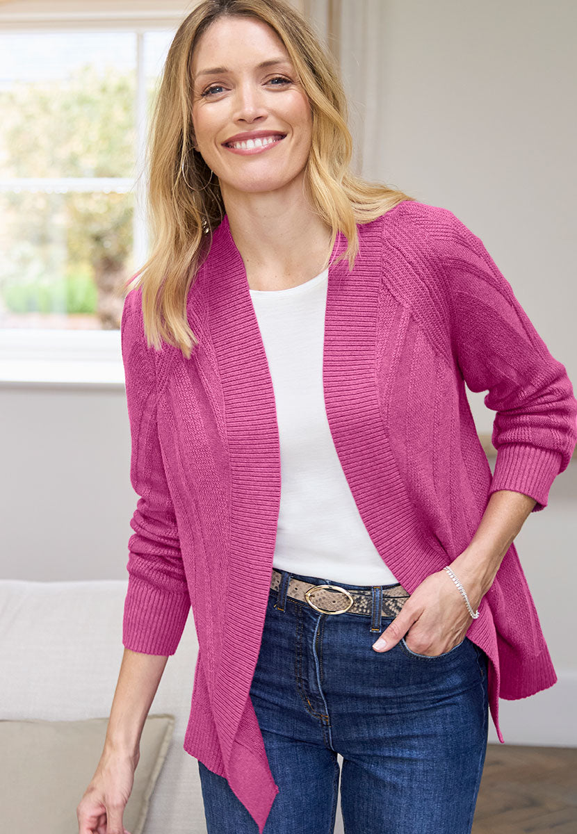 Adina Long Sleeve Rib Knit Cardigan - Rich Cerise Front View