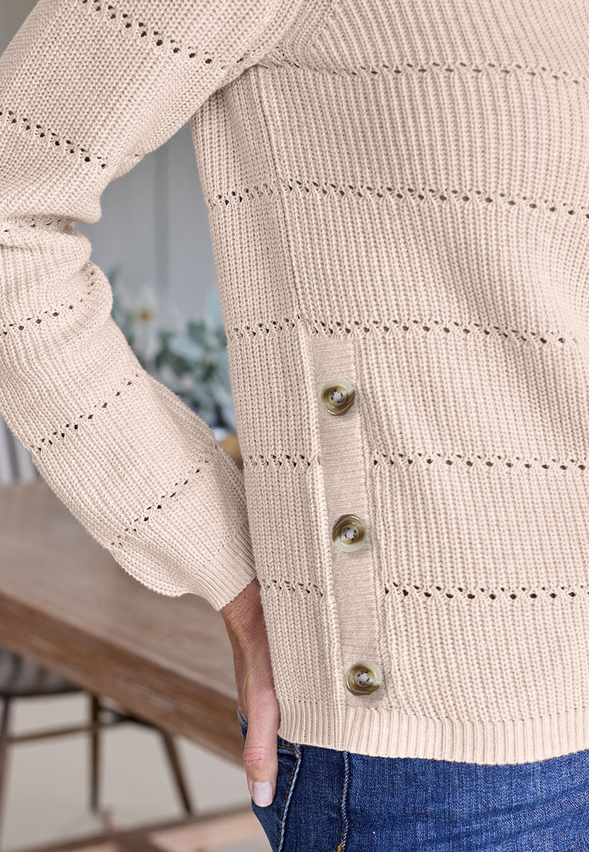 Amiee Button Detailed Pure Cotton Jumper - Oatmeal Detail View