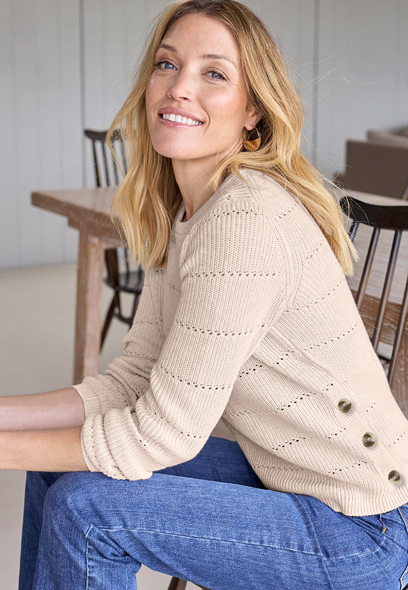 Amiee Button Detailed Pure Cotton Jumper - Oatmeal Front Alt View with Mid Denim Jeans