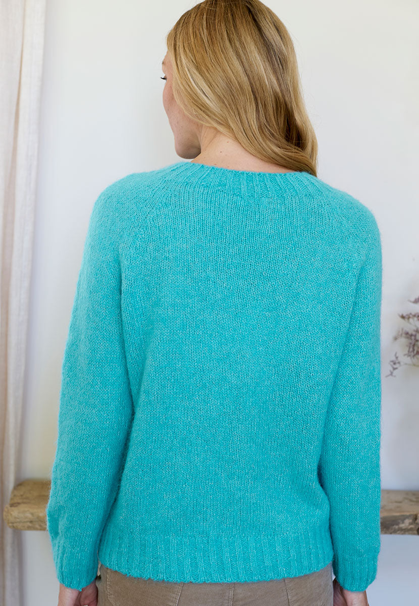Alessia Alpaca Knit Jumper - Winter Turquoise Crafted in the UK From Fluffy Peruvian Alpaca-Rich Blend Seamless Easy-Wear Crew Neck Jumper Back View