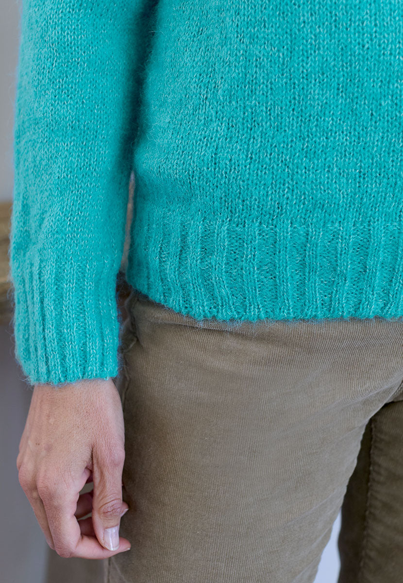 Alessia Alpaca Knit Jumper - Winter Turquoise Crafted in the UK From Fluffy Peruvian Alpaca-Rich Blend Seamless Easy-Wear Crew Neck Jumper Detail View