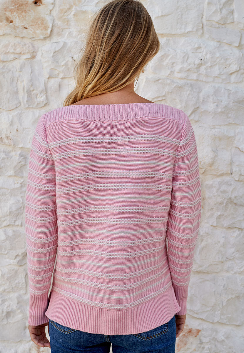 Allegra Pure Cotton Long Sleeve Jumper - Soft Pink/Ivory Relaxed Fit Mid-Weight Stripe Knit Flattering Boat Neck Back View
