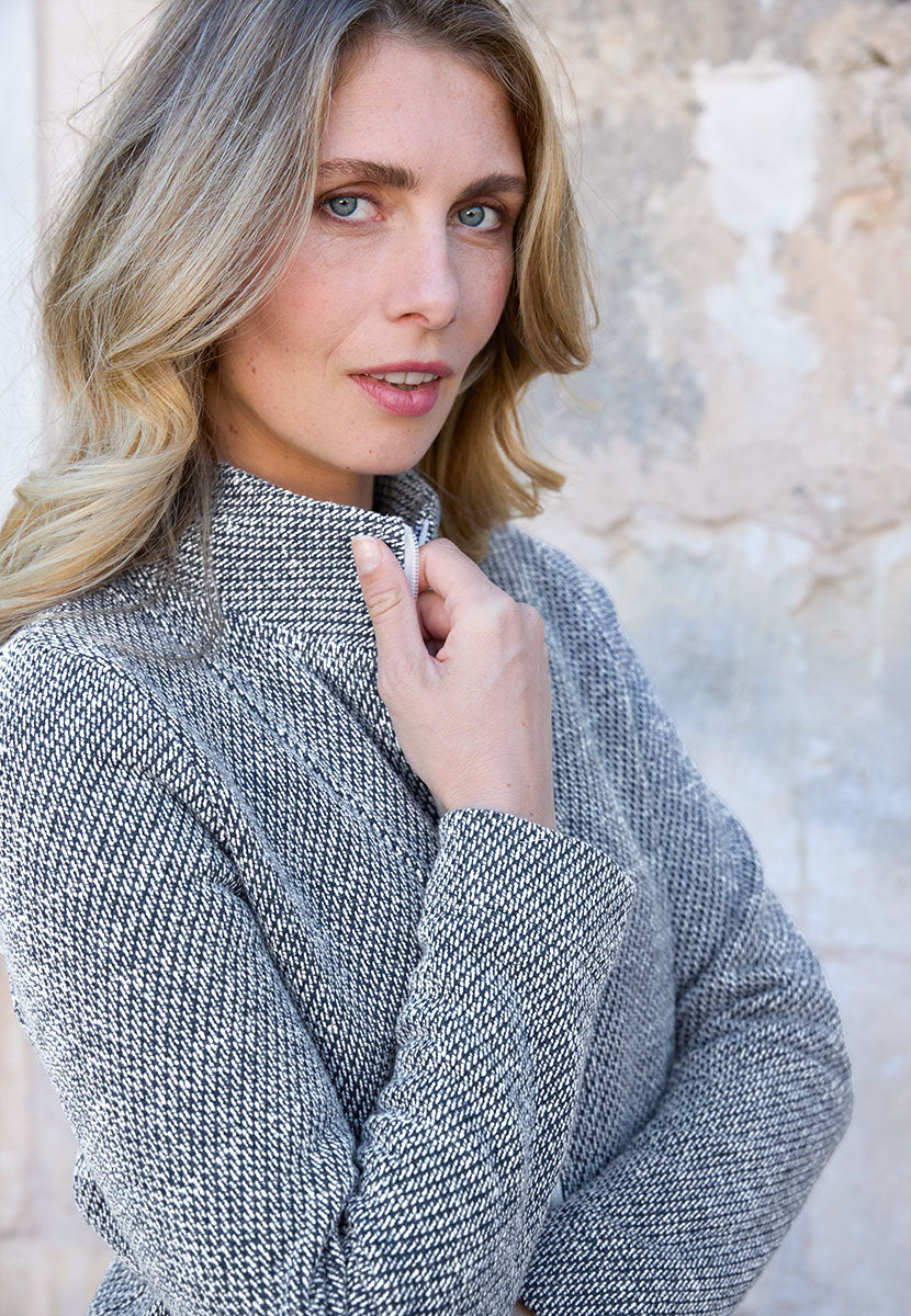 Amalia Zip Through Cotton Sweatshirt - Navy Blue Long Sleeve High Neck Style with Side Pockets Back View