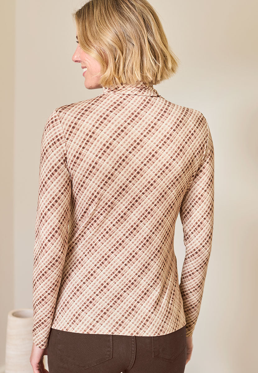Amelia Silky Roll Neck Jersey Top - Brown Check Back View