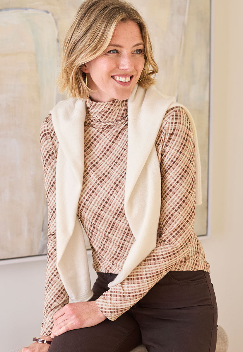 Amelia Silky Roll Neck Jersey Top - Brown Check Front View