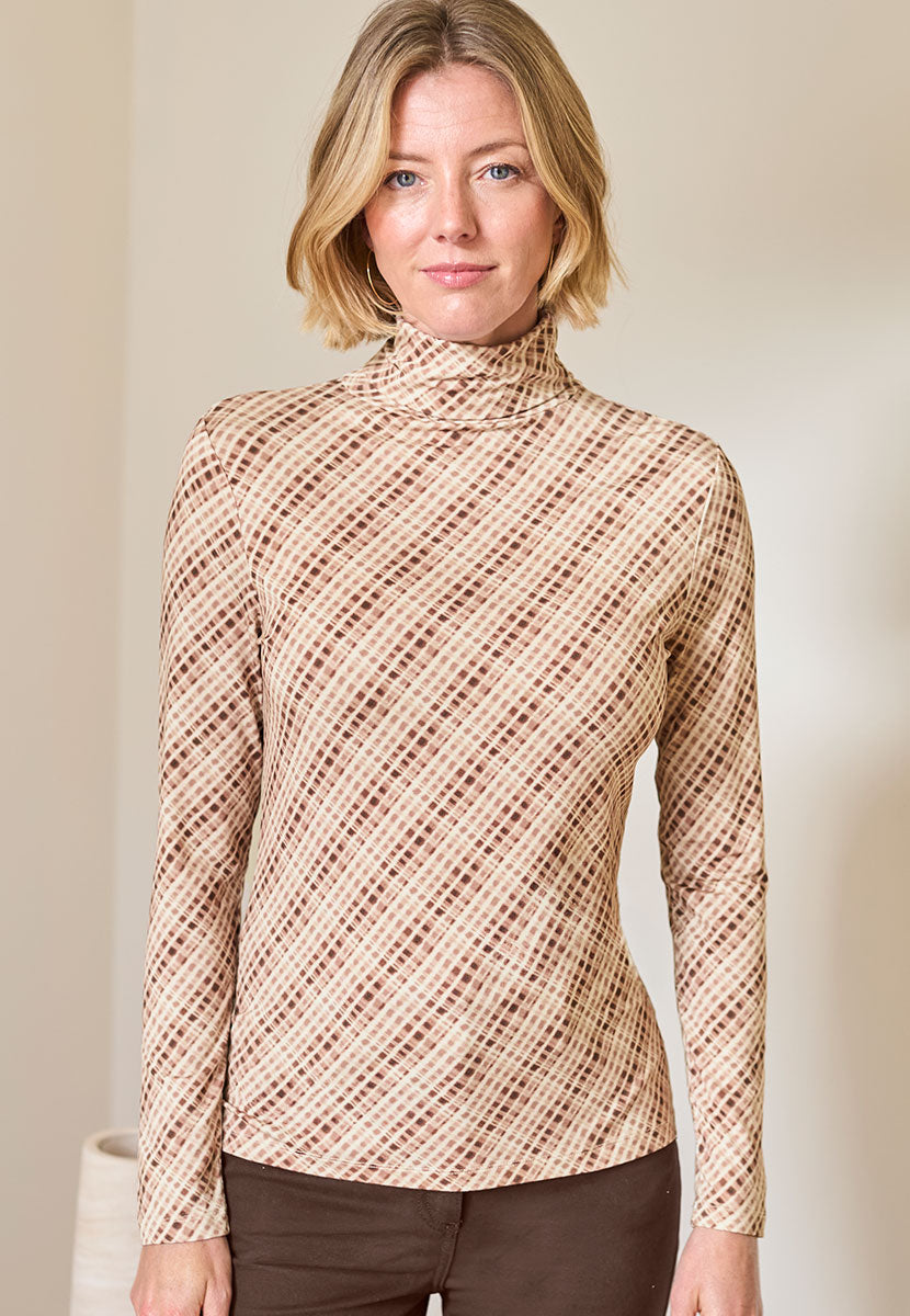 Amelia Silky Roll Neck Jersey Top - Brown Check Front Alt View
